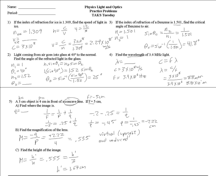 Snell S Law Practice Problems Worksheet With Answers Kidsworksheetfun